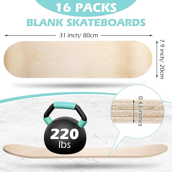 Honoson 16 Pcs Blank Skateboard Decks Bulk 32 x 8 Inch 7 Ply Maple Wooden Plain Skate Decks Natural Wood Double Tail Skateboard for Art Painting Wall Home Decoration