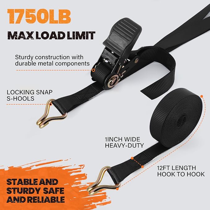 12FT Heavy Duty Ratchet Straps with Double J-Hooks 4-Pack - 1” 1750lb Break Strength, Anti-Slip Secure Lock for Motorcycle, ATV, Trailer & Cargo - Black