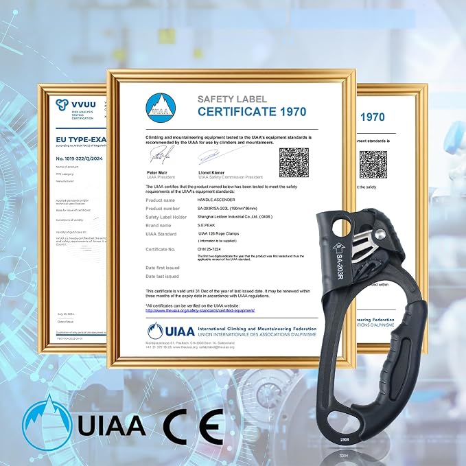 UIAA & CE Certified Climbing Rappelling Equip Hand Ascender Left Right Hand for 8-13mm Rope 4kN