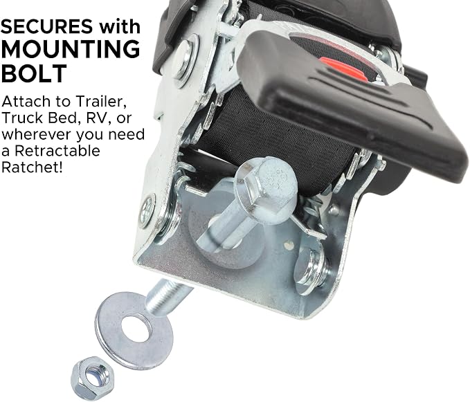 PowerTye - 2 inch x 6ft Long Retractable Ratchet Tie Down Strap with Mounting Bolt and Latch-Hook, Self-Retracting Ratchet, 800 lb W.L.L., Ideal for Motorcycle, ATV, Cargo, Boats, Black (Pair)