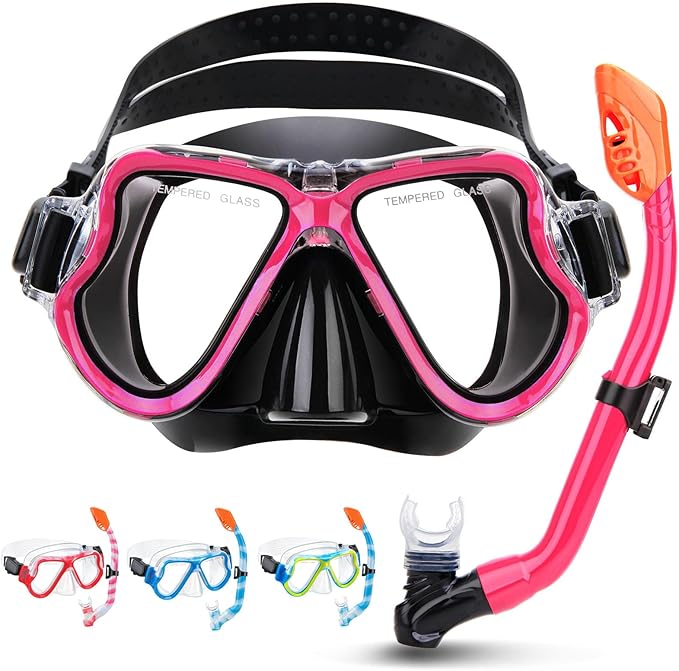 Snorkeling Gear for Kids, 4 in 1 Child Mask Fins Snorkel Set with Panoramic View Anti Fog Mask, Dry Top Snorkel, Trek Fins and Travel Bag, Kids Snorkeling Set with Fins for Snorkeling Swimming