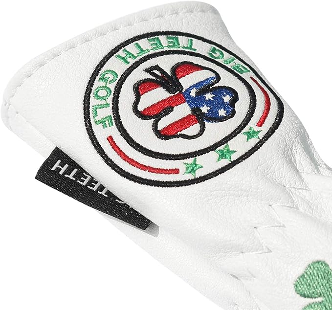 Big Teeth Golf Cover Lucky Clover Headcover Covers, Driver Fairway Wood Hybrid Headcovers Fits Blade Mallet Putter Iron and Woods with Magnetic White Shamrock Head Club Protector Leather