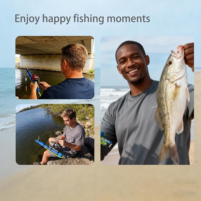 2-in-1 Portable Fishing Rod and Reel Combo with Bait Launcher – Backpack-Friendly Collapsible Shore Fishing Tool, All-in-One Fishing Kit with Lures Hooks Sinkers,Slingshot Fishing Reel