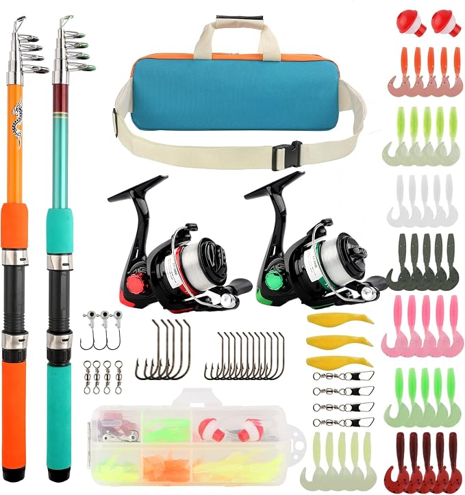 Telescopic Fishing Pole Set with Spinning Reel Lure Hook Storage Bag | Compact Collapsible Rod Reel Combo Travel Fishing Gear Starter Kit for Kids Youth Adults