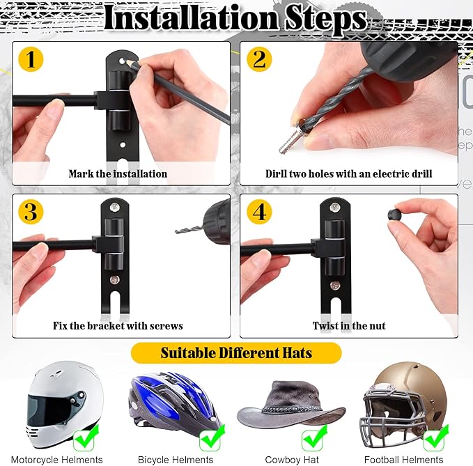 Shimeyao Motorcycle Helmet Holder Wall Mount 180° Rotation Helmet Hanger – Metal Helmets Rack with Hooks for Coat, Cap, Jacket, Glove, Motorcycle Bike Racing Outerwear Sports Gear Accessories