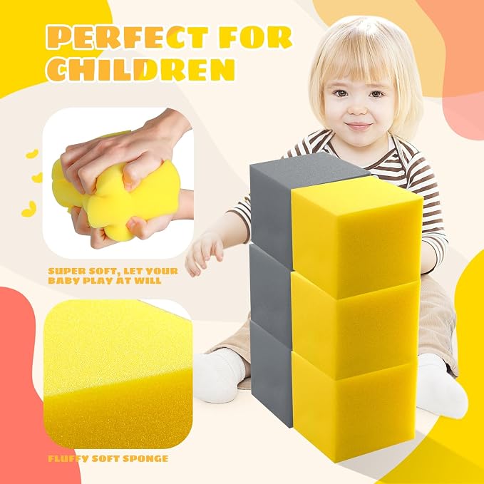 Foam Pit Cubes, 24 PCS 5 Inches Gymnastics Foam Blocks Trampoline Blocks, Multi-Sport Protective Padding for Gymnastics, Trampoline, Parkour, Skate Parks & BMX - Dark Grey & Yellow