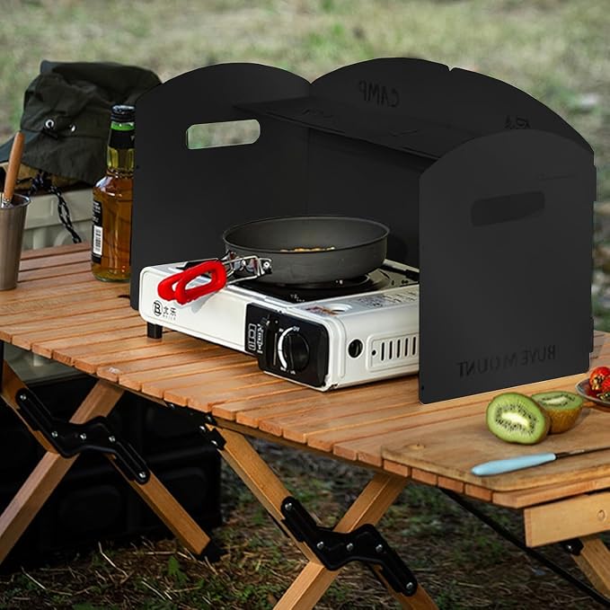 Camping Stove Windscreen Steel Camp Stove Windscreen 4 Plates Steel Folding Camping Stove Windshield with a Storage Bag and Compartment for Camping, Hiking, Picnic, Backpacking, Cooking (Black)