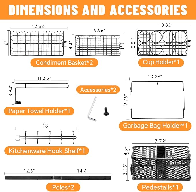 Griddle Caddy for Blackstone, 8-in-1 Outdoor Grill Organizer | Cup Holder, 2 Condiment Baskets, Garbage Bag & Paper Towel Holders, Hook Shelf & Pedestal Poles, For Camping BBQ RV Patio