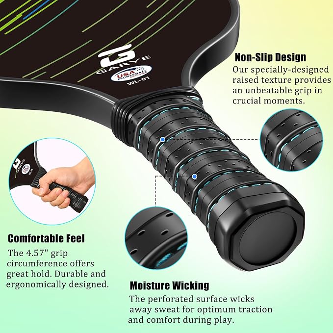 GARYE Pickleball Paddles Set of 2 or 4, USAPA Approved Carbon Fiber Pickleball Set, Lightweight Pickle Ball Rackets 2 Pack with 6 Balls, 1 Bag, Pair of Grip Tapes, Pickle Ball Paddle for Men and Women