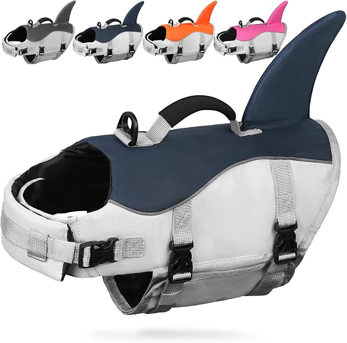 AMZNOVA Shark Dog Life Jacket + Rip Stop Dog Life Jacket, Durable Handle Reflective Buoyance