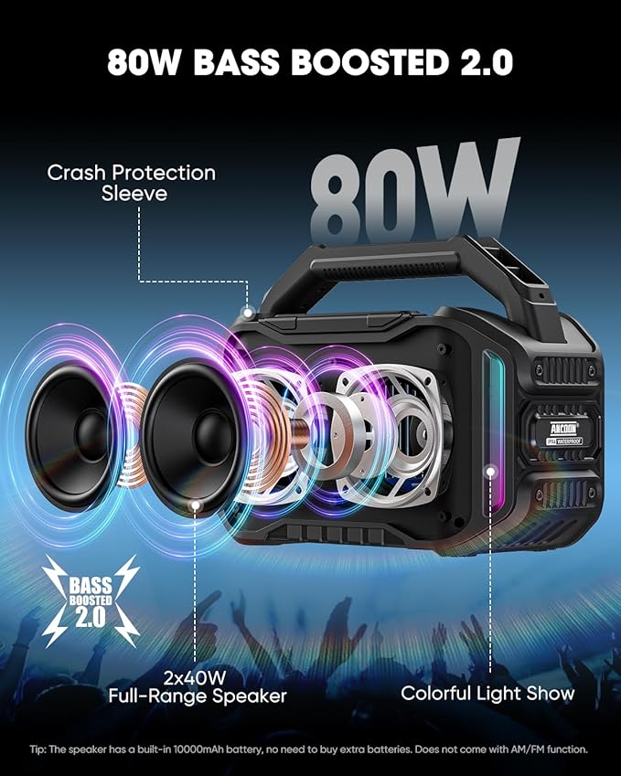ANCOON Speakers Bluetooth Wireless: 80W(Peak) Loud Speaker with Bass, 20H Playtime, IPX6 Waterproof, Large Jobsite Speakers for Work, Outdoor, Workshop, Garage, Portable Speaker with TWS (Black)