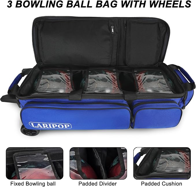 LARIPOP 3 Ball Bowling Bag with Wheels and Shoe Compartment, Rolling Bowling Bag for 3 Balls, Heavy Duty Bowling Roller Bag with Retractable Handle for Men Women