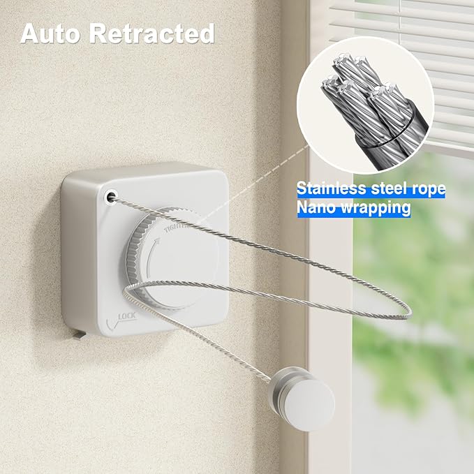 MUSTORN Retractable Clothesline Indoor, Non-Sagging Outdoor Clothes Line Retracting Heavy Duty Clothes Drying Laundry Line Wall Mounted Stainless Steel Line-15.1 Feets(Square-White)