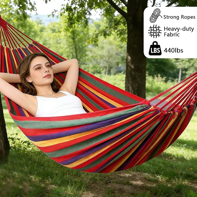 Cotton Canvas Hammock, Comfortable Fabric Camping Hammock with Tree Straps, Up to 440lbs with Travel Bag for Camping Outdoor/Indoor Patio Backyard(Red, Without bar)