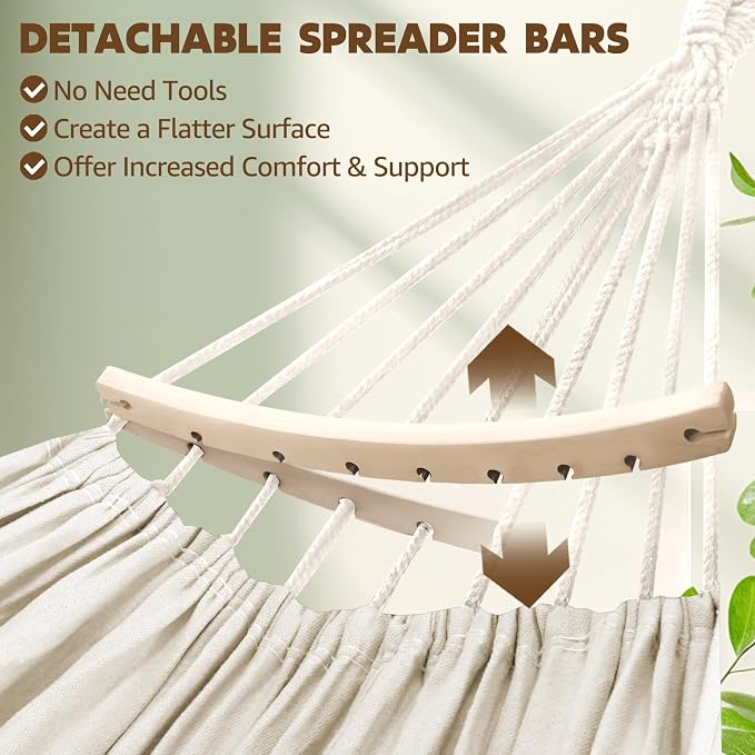 Chihee Cotton Hammock Holds Up to 660lbs Fabric Hammock 8.9x4.9ft Soft Portable Tree Hammocks Camping with Detachable Spreader Bar Pillow 2 Strong Webbings 2 Carabiners Indoor Outdoor Backyard Garden
