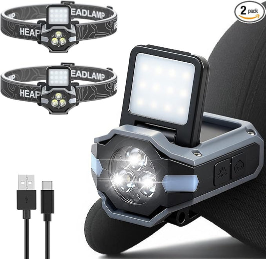 Foleto Hat Clip Lights, 2 Pcs 900lm Rechargeable Dimmable Clip on Cap Lights, 180° Adjustable Waterproof Bright Headlamp Flashlight, Led Hat Light for Running, Fishing, Camping, Hunting, Working(T153)