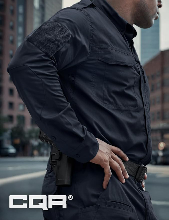 CQR Men's Long Sleeve Tactical Shirts, Ripstop Military Work Shirts, UPF 50+ Breathable Button Down Outdoor Hiking Shirt