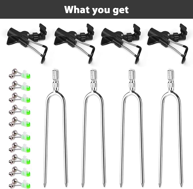 Aluminum Bank Fishing Rod Holder with 10 Fishing Bells - Heavy Duty Ground Spike Fish Pole Stand Rack for Shore, Surf, Beach Fishing - Great for Men