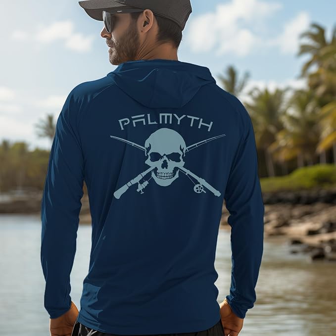 Palmyth Fishing Hoodie for Men Long Sleeve Sun Protection UV UPF 50+ Shirts | Hidden Zipper Pocket, Thumb Loops, Quick-Dry, Side Mesh Panels, Lens Cleaning Cloth, 4-Way Stretch