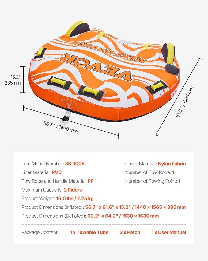 VEVOR Towable Tubes for Boating, 1-4 Riders Inflatable Boat Tubes & Towables, 340-680 lbs Capacity, Multiple Sizes with Full Nylon Cover, Padded/EVA Handles, Fins & Safety Valve (Multi-Option)