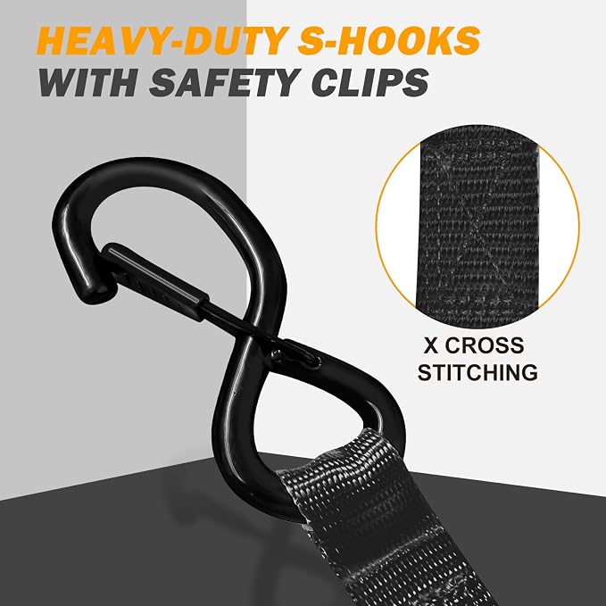 Motorcycle Tie Down Straps 1" x15' (4-Pack), Waterproof Carry Bag 2200lb Break Strength with Soft Loops & Coated S-Hooks for Truck, Trailer, ATV, UTV, Boat (Black)