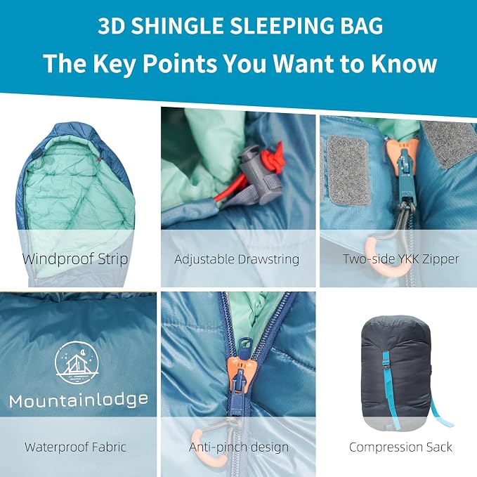 Mountainlodge 3-4 Seasons Cyan Two-Layer Shingle Sleeping Bag with Inner Pocket for Adult,Perfect for Backpacking,Traveling and Hiking,Including Free Compression Stuff Sack