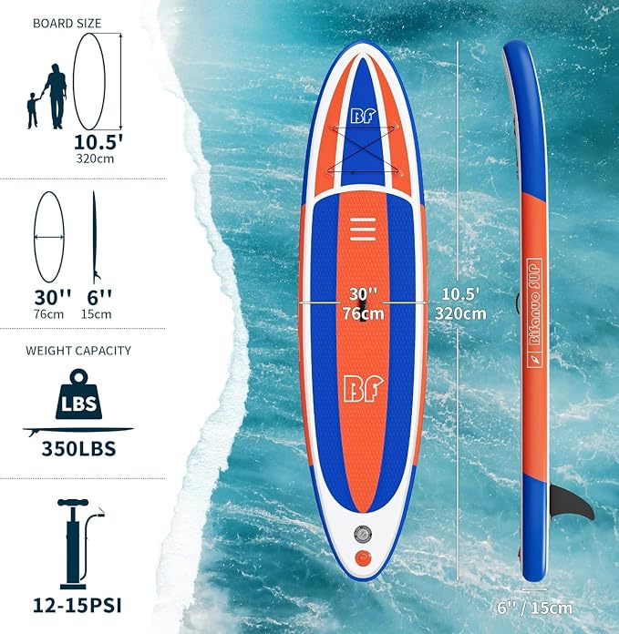 Bifanuo Inflatable Stand Up Paddle Board with SUP Accessories & Backpack. Paddle Boards for Adults. Non-Slip Deck, Wide Stance, Bottom Fin, Double Action Pump.
