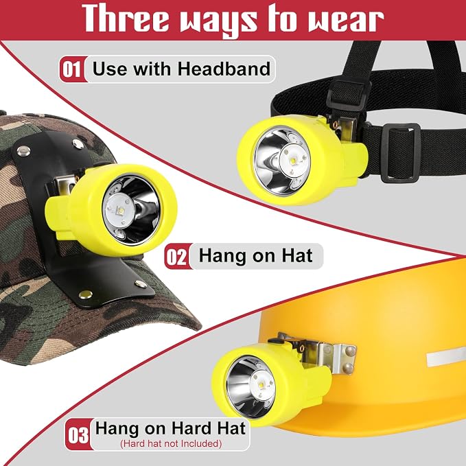 High Lumens LED Mining Headlamp with Hat - Waterproof, Durable, Long-Lasting Rechargeable Headlight, Adjustable Strap, Perfect for Miners Camping Hiking (KL3.0 Yellow with Hat)