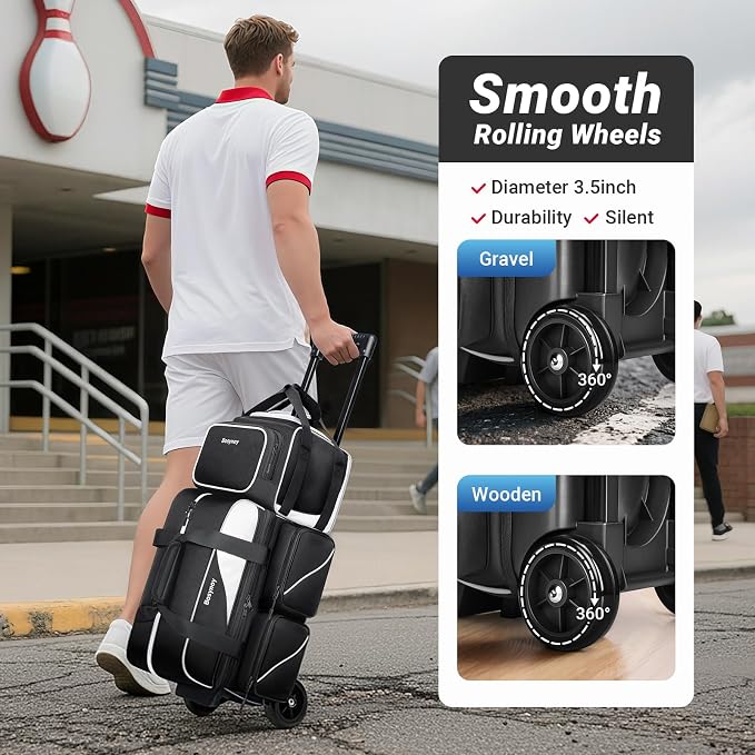 Bosynoy 3 Ball Bowling Bags with Wheels, Single Ball Tote+2 Ball Bowling Bag with Shoe Compartment (Up to US Men Size 16), Bowling Ball Bag 3 Ball Roller with Insulated Pockets, Black