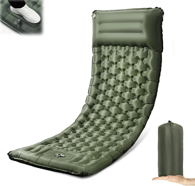 Camping Sleeping Pad, 4.7" Extra-Thick Camping Mattress with Pillow, Built-in Foot Pump Ultralight Inflatable Sleeping Pads for Camping Hiking Backpacking Traveling Tent, Military Green, Single