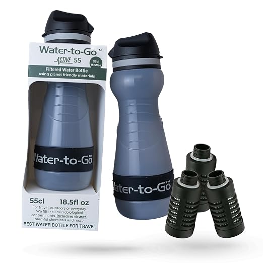 Water Filter Bottle for Hiking Bundle with 2 Extra Filters - 18.5oz/55cl Compact Outdoor Water Purifier for Backpacking - Eco-Friendly Bioplastic, Leakproof, Small Size