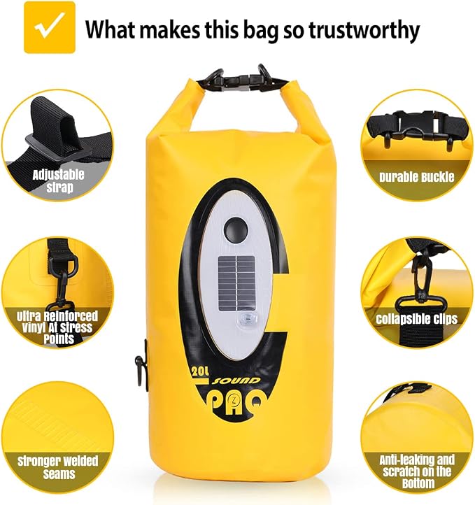 Qoolife Dry Bag Waterproof with Solar Bluetooth Speaker & Light - 10L/20L Roll Top Dry Sack Keeps Gear Dry for Men Women Kayaking, Beach, Rafting, Boating, Hiking, Camping and Fishing
