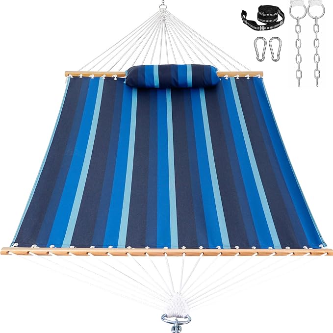 Lazy Daze Hammocks 12 FT Sunbrella Fabric Hammock Non-Fading with Spreader Bars and Free Pillow Fits for 2 Persons, All Weather and Fade Resistant for Patio Yard, 450 lbs Capacity, Gateway Indigo