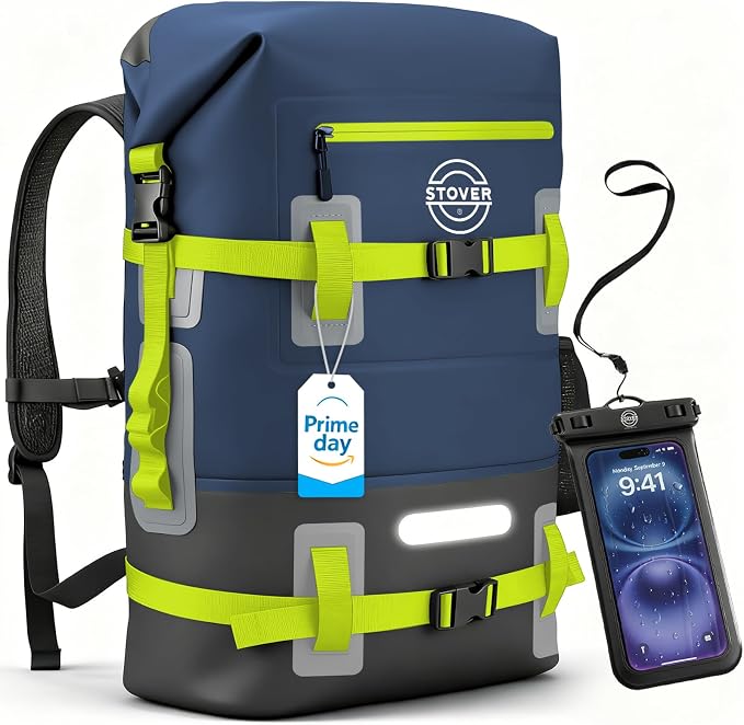 STOVER 55L Waterproof Dry Backpack & Phone Case - 2XL Floating Dry Bag for Kayaking, Travel, Hiking, Fishing, Camping, Motorcycles & Beach, Heavy-Duty Roll Top Men/Women (Navy Blue/Black/Green)