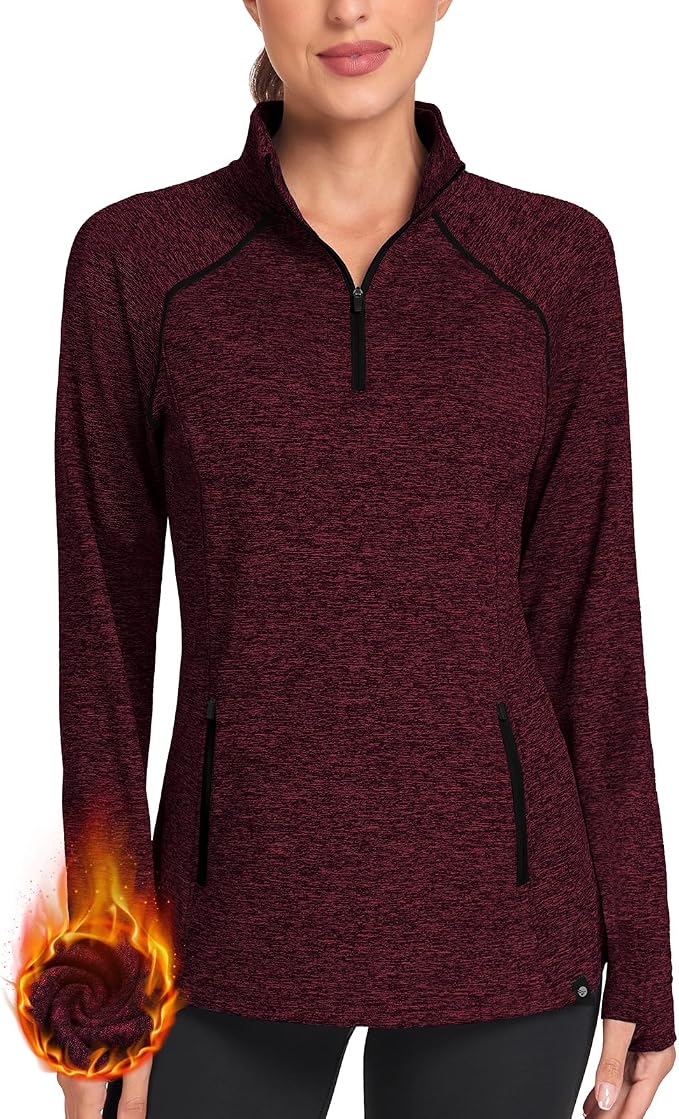 Soneven Women's Thermal Fleece Running Shirts Warm Winter Pullover Cold Weather Workout Hiking Tops with Thumb Holes Pockets
