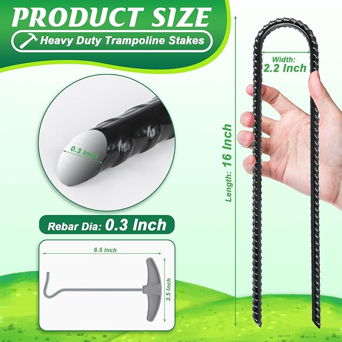 Gtongoko Trampoline Stakes Heavy Duty, 12/16 Inch U-Shaped Ground Anchors, 8mm Galvanized Steel Rebar Wind Stakes for Trampoline Safety, Anti-Rust Outdoor Stakes for Trampoline, Tent, Swing Set