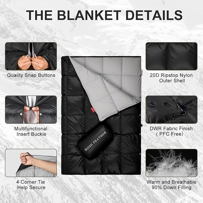 Down Camping Blanket - Lightweight, Packable, Warm & Puffy Outdoor Travel Quilt for Sleep, Hiking, Backpacking, Stadium, Festivals, Water-Resistant Sleeping Bag 55"x79"