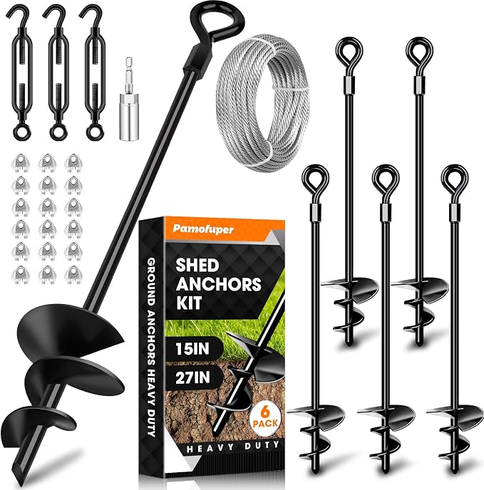 15in 6 Pack Ground Anchors with 1/8" Galvanized Cable Shed Anchor Kit, Trampoline Stakes Anchors High Wind – Ideal for Canopies, Sheds, Car Ports, Swing Sets Gazebo Greenhouse (15 in of 6 Pcs)