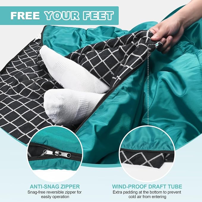 Cotton Flannel Double Sleeping Bag for Camping, Backpacking Or Hiking. Queen Size 2 Person Waterproof Sleeping Bag for Adults Or Teens. Lightweight with Compression Sack
