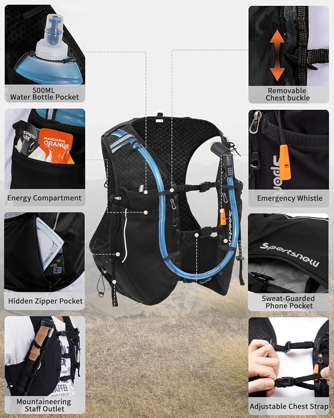 Sportsnew Running Vest for Women Men, Lightweight 10L Hydration Backpack with Waterproof Phone Pocket, Hydration Pack with Water Bladder for Hiking Trail