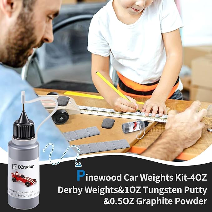 DZrudun Pinewood Car Weights Kit & Tungsten Putty-5oz Total(1oz Tungsten Weights Putty+4oz Derby Car Weights)+0.5oz Graphite Lubricant-Less Friction,No Drill All-in-One Derby Weights Kit for Max Speed
