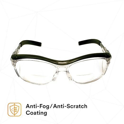 3M Safety Glasses with Readers, Nuvo Protective Eyewear, +2.5, ANSI Z87, Gray Frame, Clear Lens, Soft Nose Bridge, Side Shields