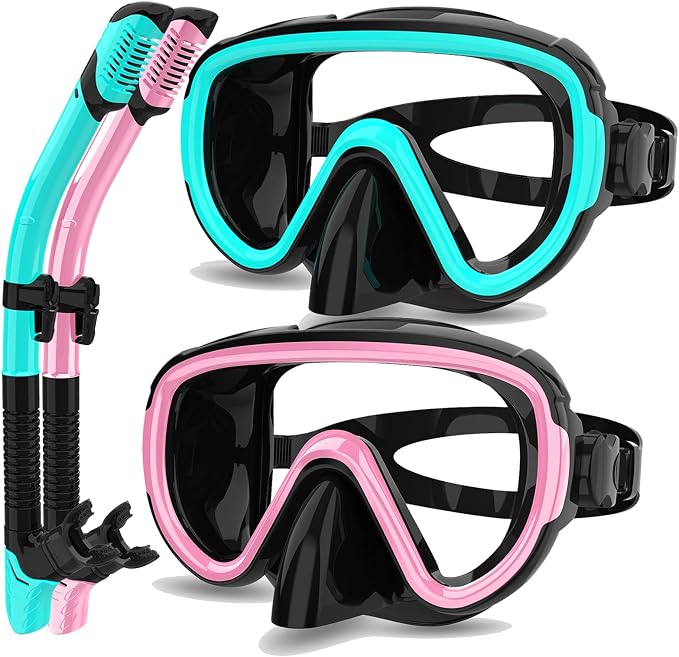 Snorkeling Gear for Adults 2-Pack | Anti-Fog & Anti-Leak Snorkeling Mask | Breath-Free Dry Snorkel | 180° Panoramic View with Quick-Dry Bags