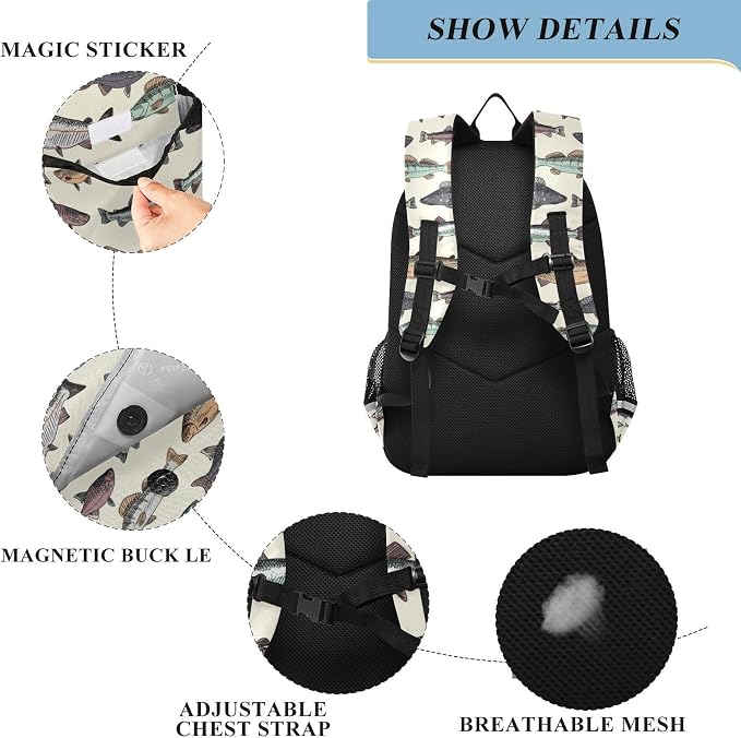 Vintage Fishes School Backpack Laptop Travel Daypack for Kids Girls Boys, Personalized Computer Notebooks Bookbag with Adjustable Padded Straps