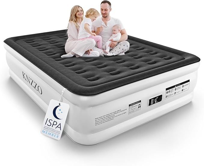 KNZZO Queen Air Mattress with Built-in Pump, 18" Top Inflatable Mattress with Waterproof Flocking Fabric, Three-Minute Quick-Inflatable Bed. Portable Blow Up Mattress for Home, Outdoor and Guests