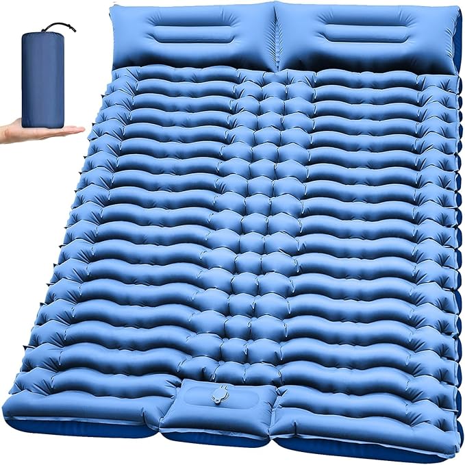FUN PAC Camping Sleeping Pad, Ultralight Camping Mat with Pillow, Built-in Foot Pump Inflatable Sleeping Pads Compact for Camping Backpacking Hiking Traveling Tent,Double, Blue.