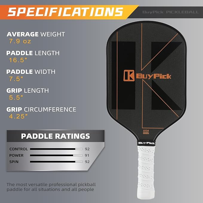 Pickleball Paddle, USAPA Approved, Lightweight & Wide, Carbon Fiber Surface, 16mm Thick, Anti-Slip Grip, Gift for Men