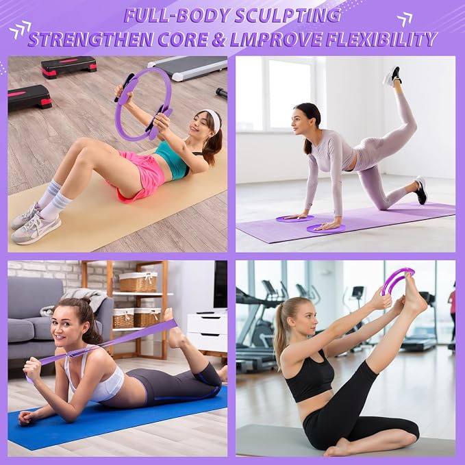 Halloscume 24 Pcs Pilates Kit, Home Pilate Equipment for Women, Pilates Ring and Ball Set with Stretching Strap, Water Bottle, Magic Circle, Yoga Ring, Gym Bag, Resistance Band, Anti Slip Sock