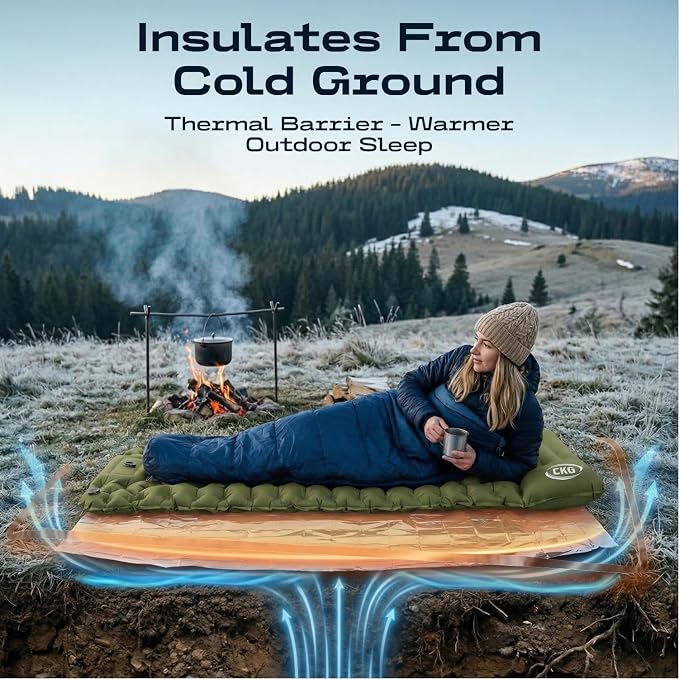 CKG Camping Sleeping Pad with Thermal Barrier, Ultralight Camping Mat 4in Thick with Pillow, Built-in Foot Pump Self Inflating Sleeping Pad for Hiking Tent Road Trip Car Camp Travel Gear, Green