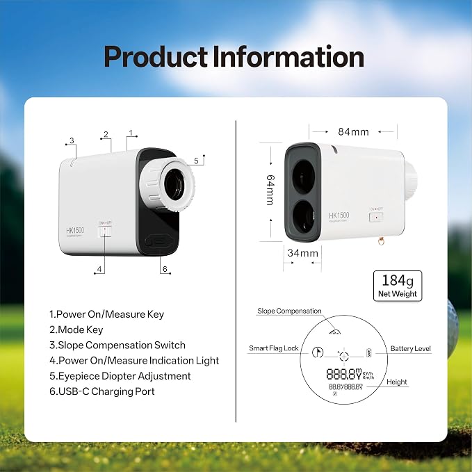 Hiker HK1500 Golf Range Finder, 1500 Yards Electronic Anti-Shake Supported Laser Golf Rangefinder with Slope, 6X Magnification Flag Pole Locking Vibration, 1000mAh Rechargeable Range Finders Golfing